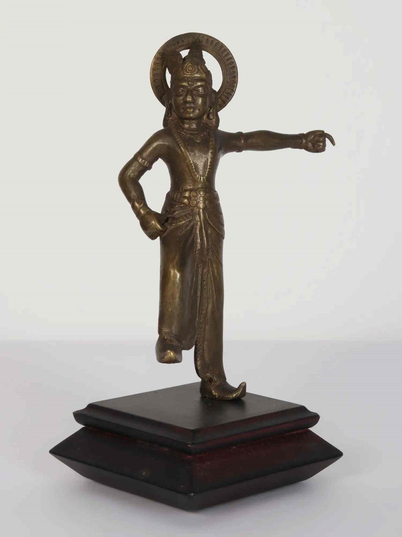 Brass Statue of Lord Krishna Standing on a Wooden Pedestal 8 inches