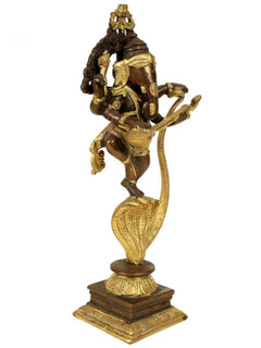 AONA brass Ganesha statue dancing with veena on five-hooded serpent, full view
