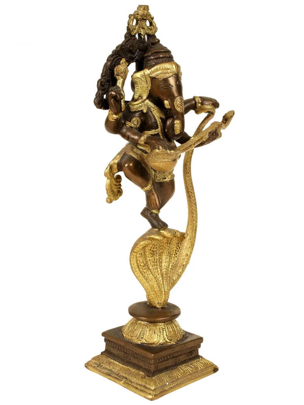 Brass sculpture of Lord Ganesha dancing on a five-hooded serpent with a veena 10 inches Entryway Setting