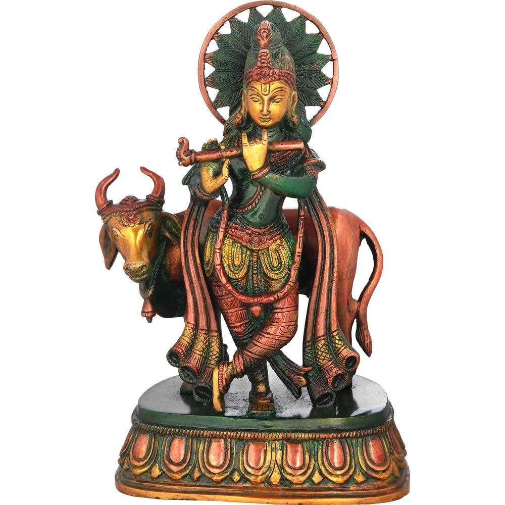 Brass Krishna statue with cow, 10 in—front view with halo wheel and flute