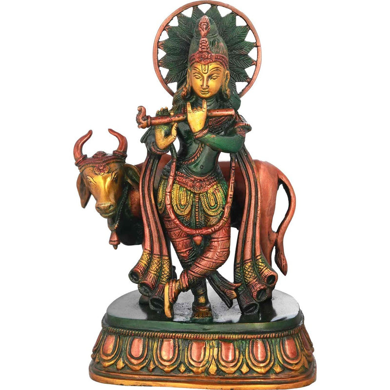 Handcrafted Henna Touch Brass Statue of Krishna with Cow 10 inches