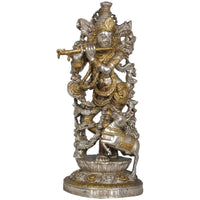 Silber-goldene Messingfigur von Lord Krishna mit Flöte, auf Rundsockel, 17 Zoll