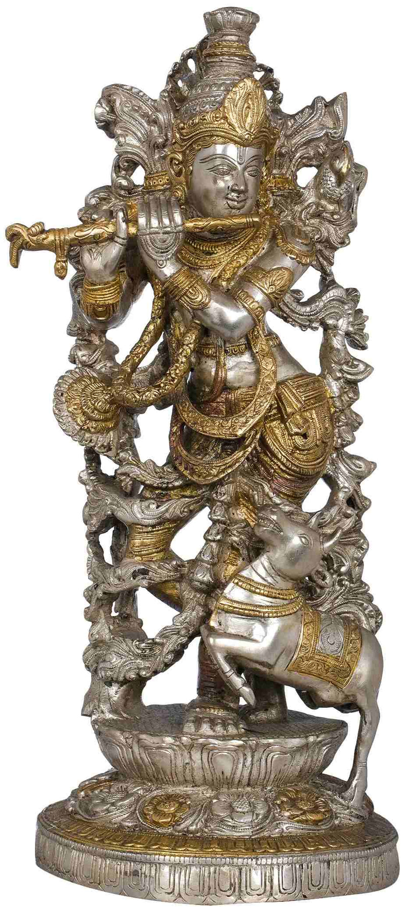 Silver gold Brass Statue of Lord Krishna with His Cow 17 Inches