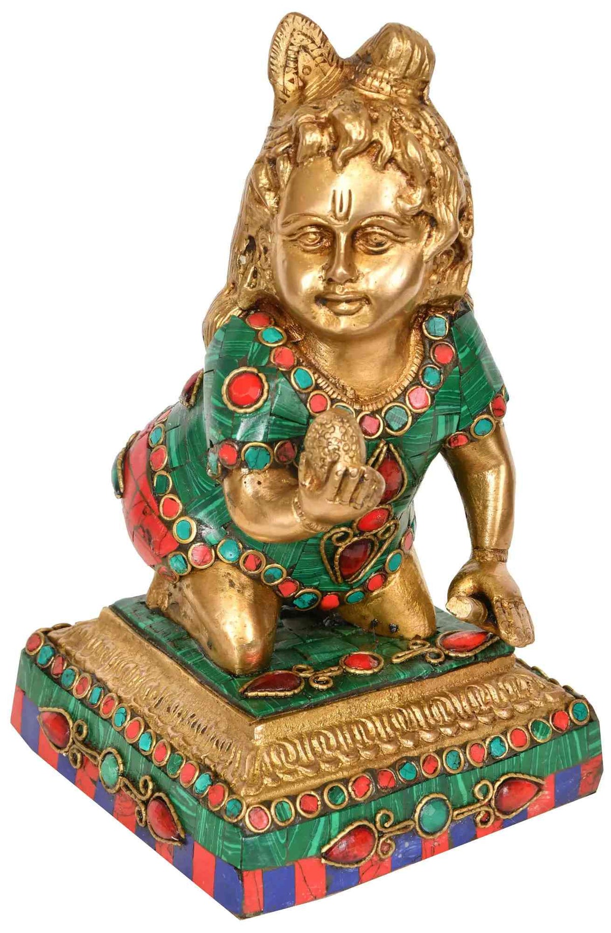 8-inch Brass Gopala idol seated, holding laddoo, green robe with red accents