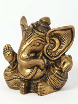 Messing-Ganesha-Skulptur (2 Zoll), seitlicher Blick, geschwungene Ohren, goldfarben