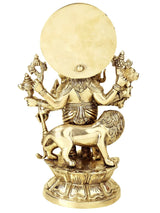 Brass back view of Ashtabhuja Simha Ganesha on lion with circular aureole