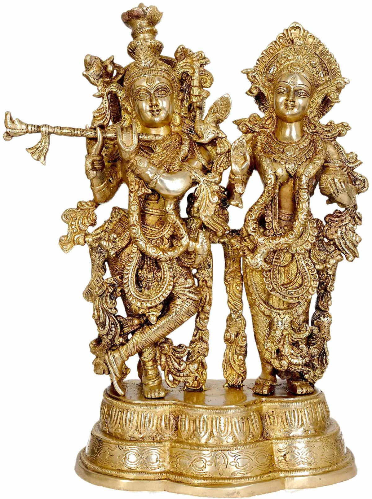 Brass statue of Radha and Krishna, ornate golden-detailed figures, 17 inches