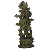 Handmade green brass Krishna idol playing flute, side view with raised arms
