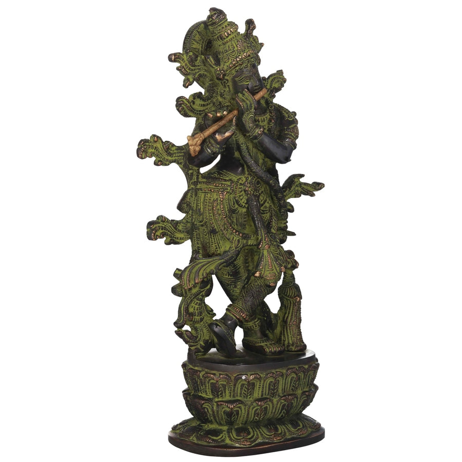 Handmade Black green Brass Sculpture of Lord Krishna Idol Playing Flute 12 inches Craft Detail