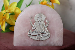 Silver Idol of Lord Shiva in a Blessing Gesture on Rose Quartz Gemstone with Gift Box 14 CM