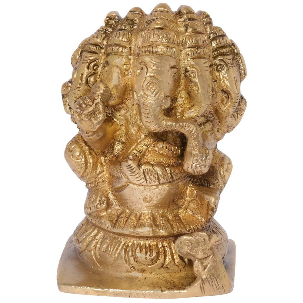 Brass Ganesha statue, seated with five heads, 2 inches, detailed front face