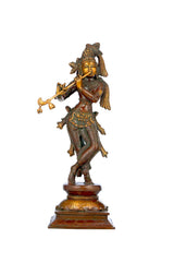 Brass Lord Krishna standing and playing the flute, ornate detailing, 14-inch statue