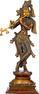 Brass Lord Krishna playing flute statue, close view of face, hair, and jewelry, 14-inch