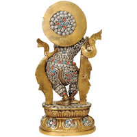 Back view brass Krishna figurine, circular halo, decorated jeweled outfit