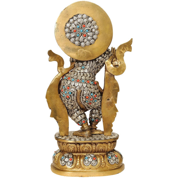 Handmade Brass Statue of Lord Krishna in Ornamented Costume 17 Inches Entryway Setting