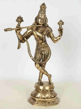 Handmade natural brass Krishna statue, cosmic pose with flute and raised hand, 18 in