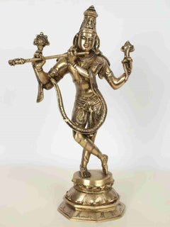 Handmade natural brass Krishna statue, cosmic pose with flute and raised hand, 18 in