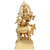 Brass Venugopala statue viewed from side, tall arch halo, on large animal, 14 inch