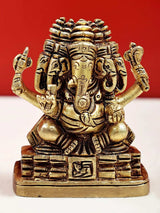 Small brass Panchamukhi Ganesha statue, four faces, raised hands, seated on pedestal