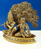 Handmade brass Krishna and Radha statue, detailed faces and ornaments, flutes held