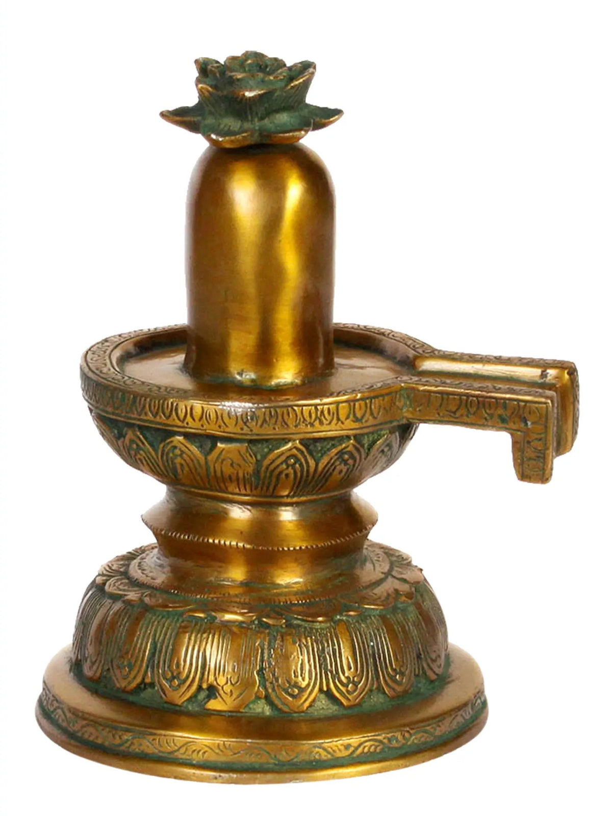 Antique brass Shivalinga idol with lotus flower offerings and ornate base