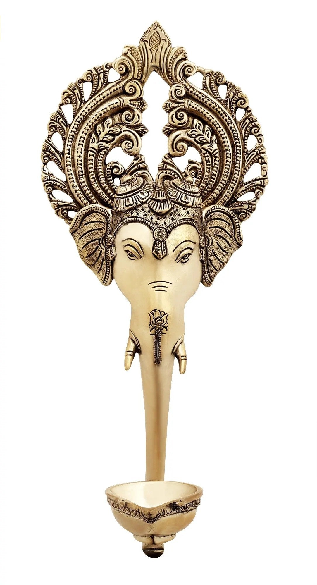 Brass Ganesha wall hanging lamp with ornate crown and hanging bowl, 12 in