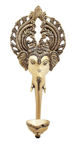 Brass Ganesha wall hanging lamp with ornate crown and hanging bowl, 12 in