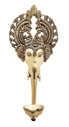 Brass Ganesha wall hanging lamp with ornate crown and hanging bowl, 12 in