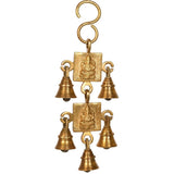 Brass Ganpati hanging bells, 9 inches, with five bell chimes and engraved deity plaques