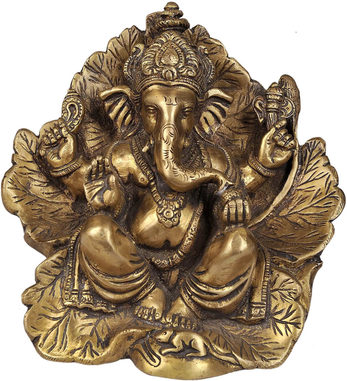 Lord Ganesha statue seated on a flower, ornate gold tone, detailed jewelry and face