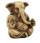 Small brass Ganesha idol, 2 inch, seated side view with decorative necklaces and hand