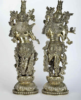 Brass Radha and Krishna statues, ornate backs and sides, 15-inch pair