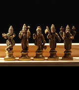 Ten small brass Dashavatara Vishnu idols on display base