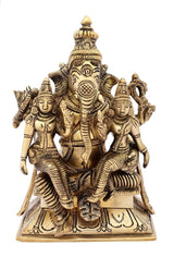 Brass Lord Ganesha sculpture with Riddhi and Siddhi, 7-inch figurine
