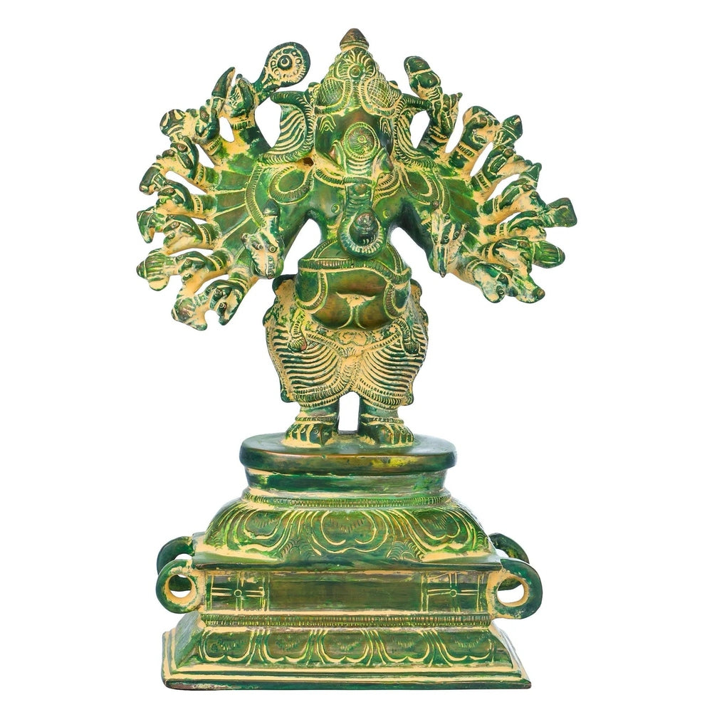 Green sixteen-armed Vira Ganesha sculpture, 8 in, raised hands in ornate pose