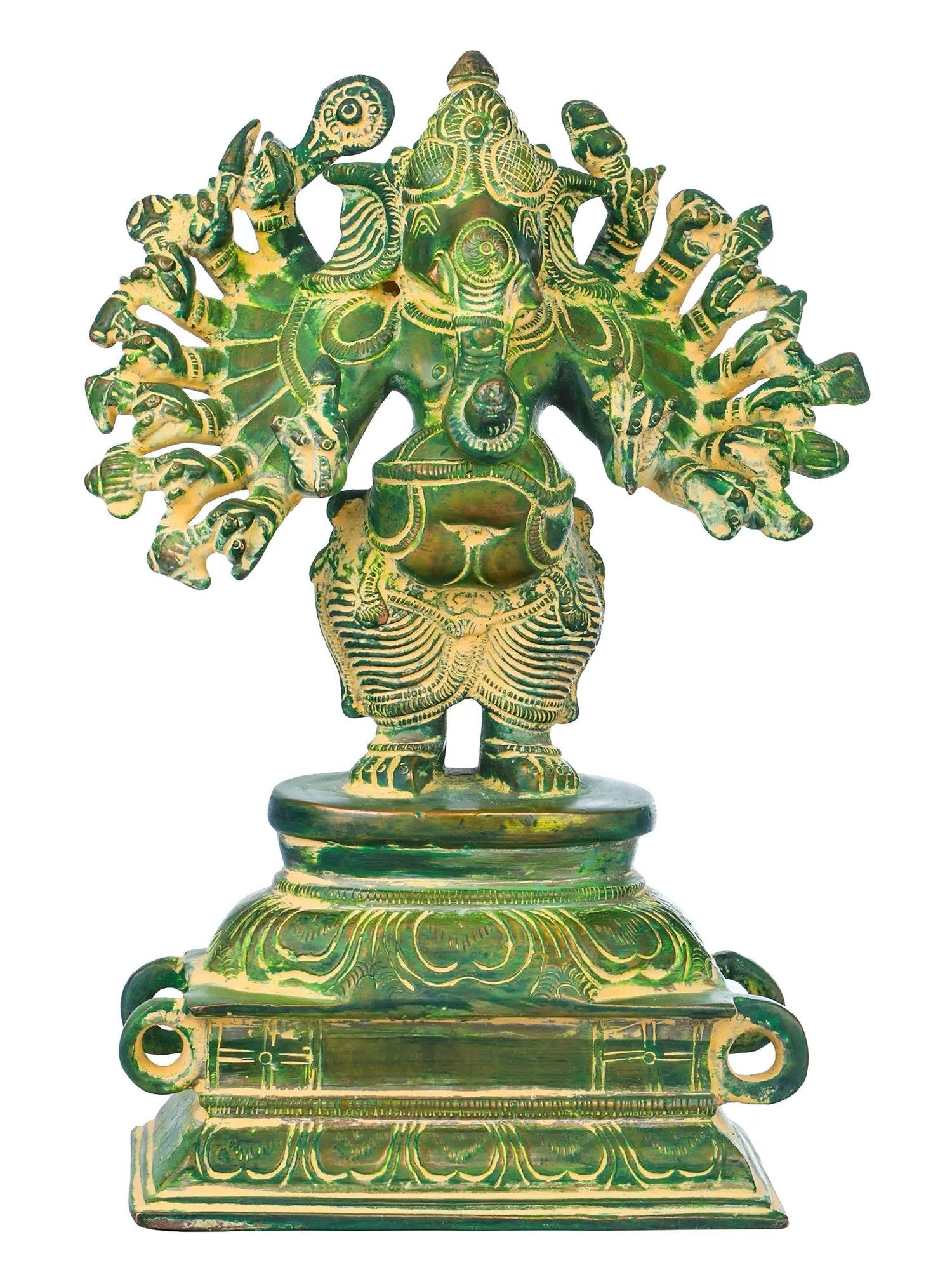 Green Chala Sixteen-Armed Vira Ganesha Sculptures 8 inches