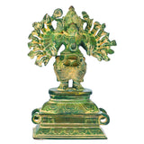 Green sixteen-armed Vira Ganesha sculpture, 8 in, raised hands in ornate pose
