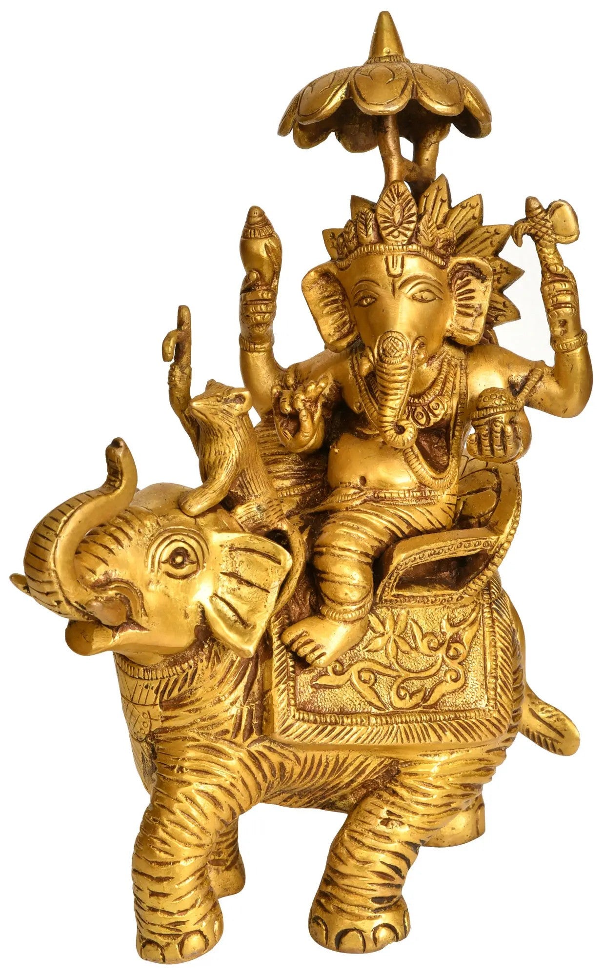 Brass Ganesha Idol Seated on an Elephant with His Mushak 9 inches