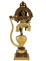 Brass Ganesha sculpture back view: veena and five-hood serpent on pedestal base