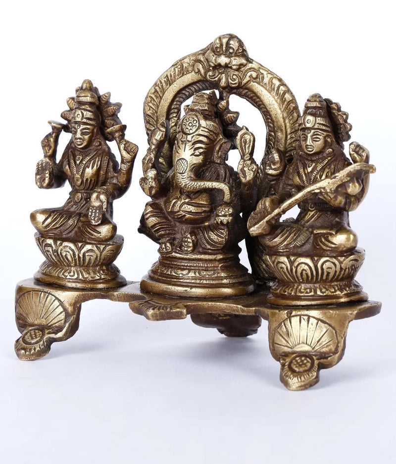 Brass Triad of prosperity featuring Ganesha, Lakshmi, and Sarasvati 5 inches