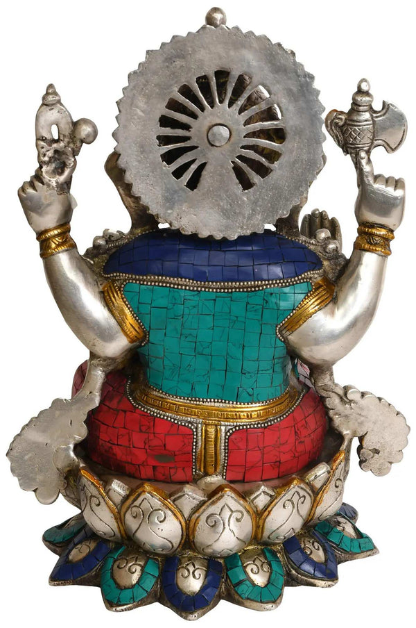 Brass Statue of Lord Ganesha Eating a Laddoo 12 inches