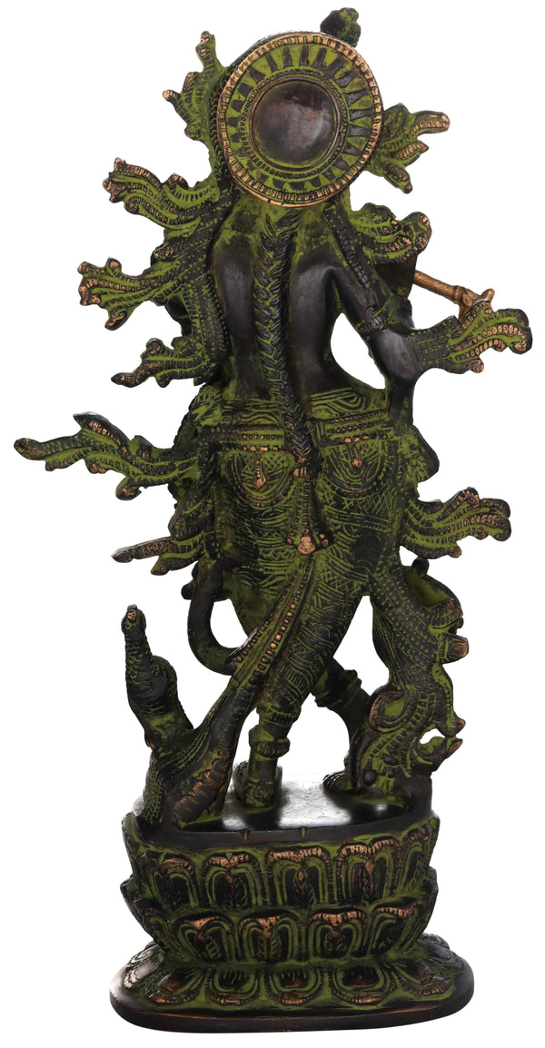 Handmade Black green Brass Sculpture of Lord Krishna Idol Playing Flute 12 inches Study Setting
