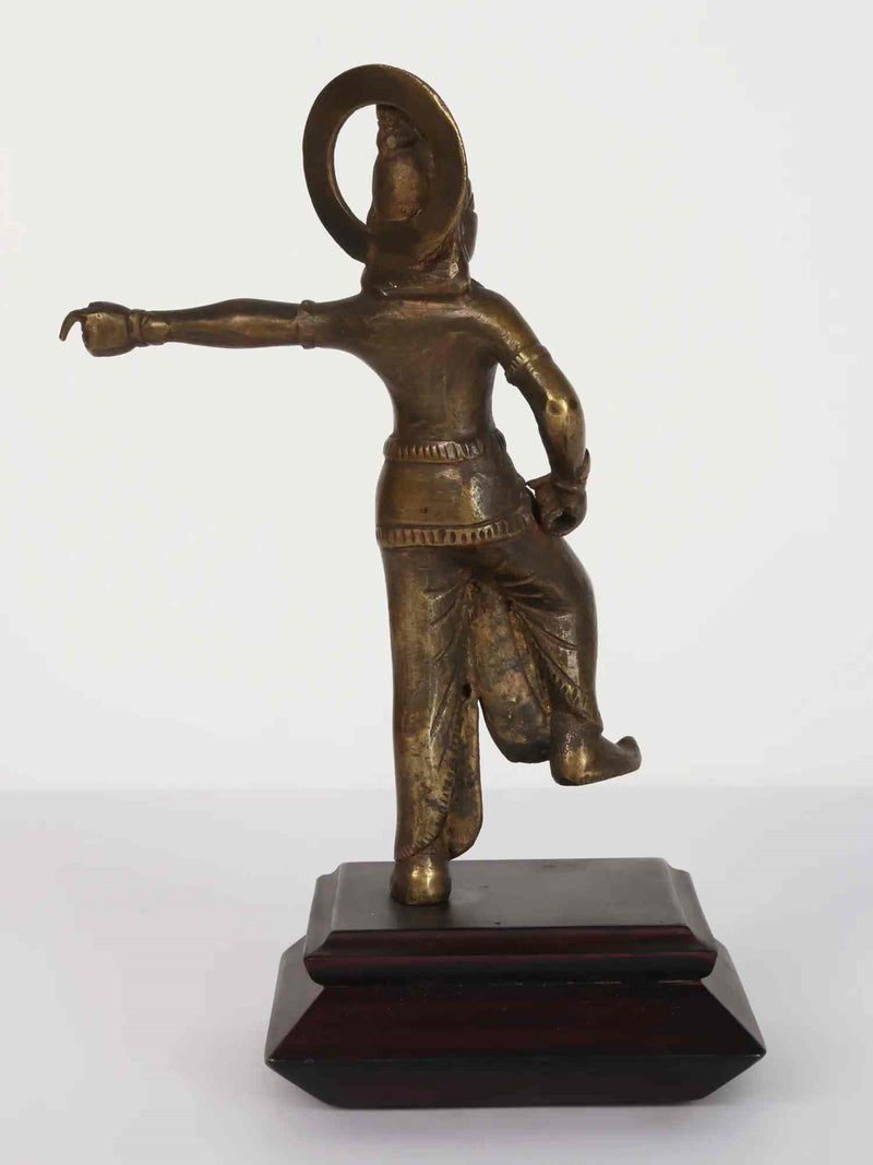 Brass Statue of Lord Krishna Standing on a Wooden Pedestal 8 inches