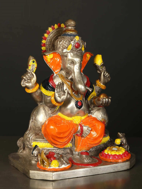 Brass Lord Ganesha Wearing an Orange Dhoti 11 inches Study Setting