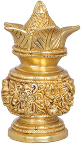 Brass 6-inch kalash with textured cone top, lotus handles, engraved body
