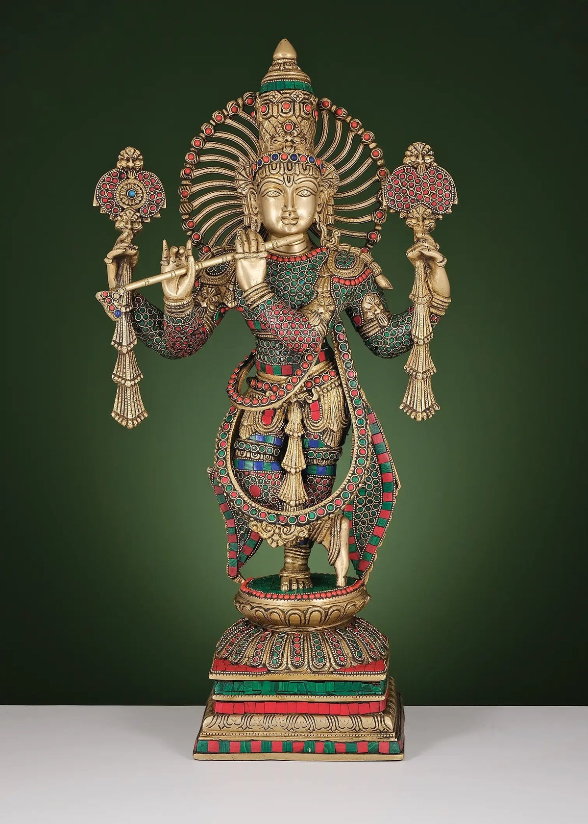 Handmade Brass Sculpture of Krishna Playing the Flute with the Vaishnava Symbol 24 Inches