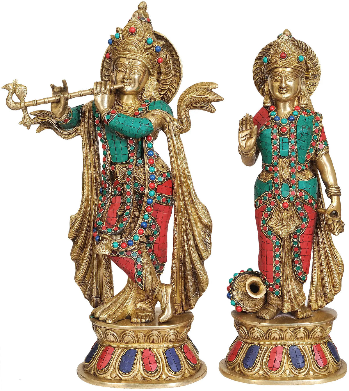 Handmade brass Krishna–Radha statue with colorful inlay, front view, detailed jewelry