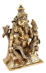 Brass Ganesha with Riddhi and Siddhi figurine, side view on square base