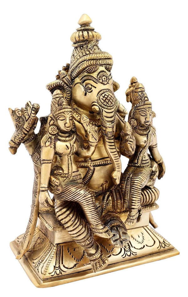 Brass Sculpture of Lord Ganesha with Riddhi and Siddhi 7 inches