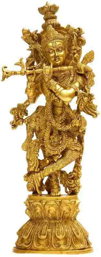 Gold brass Murlidhar Krishna statue standing with outstretched arms and ornate base